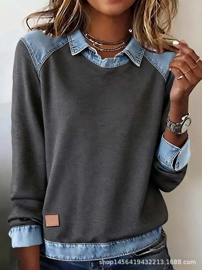Denim Collar Long Sleeve Patchwork Knit Top