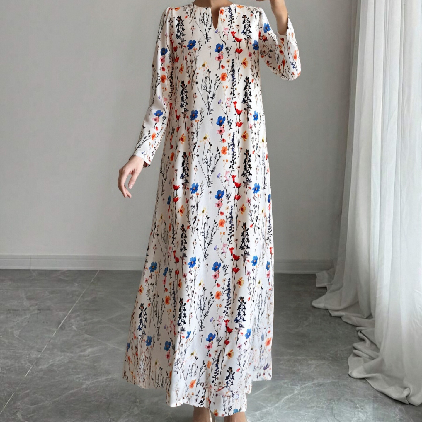 High-Saturation Colorblock Print Long Dress Loose Flattering A-Line V-Neck