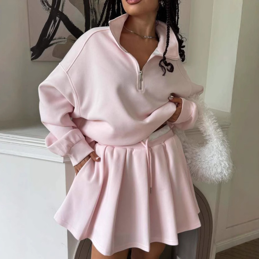 Women's Zip-Up Cardigan and Drawstring Mini Skirt Two-Piece Set