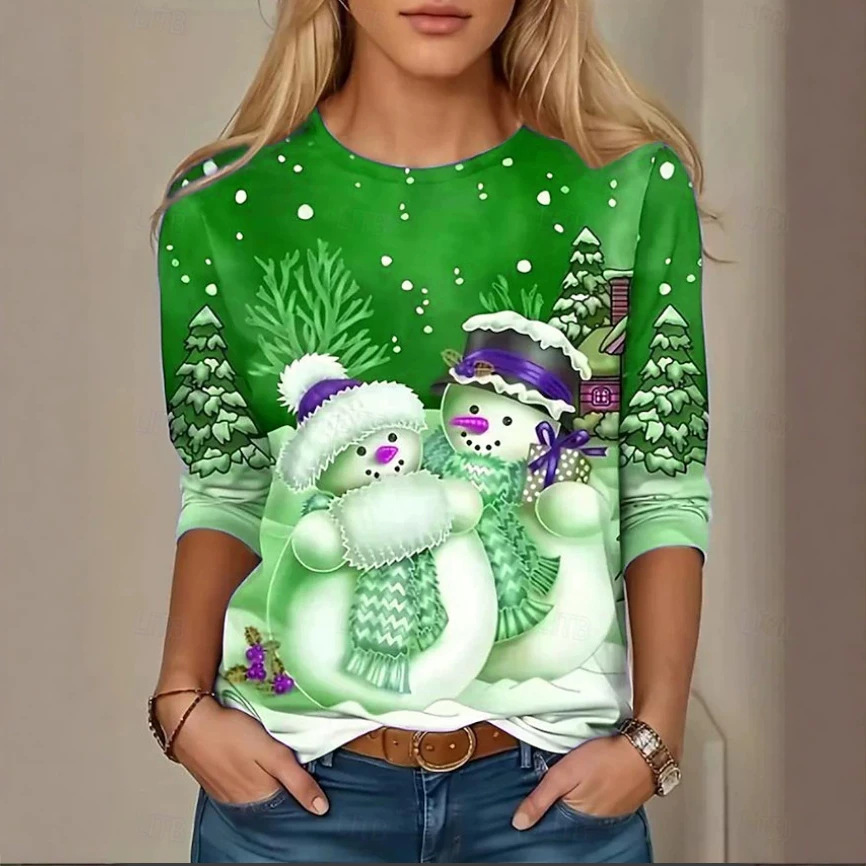 Snowman Print Women's Loose Crewneck Long-Sleeve Top