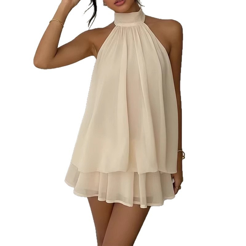 Women's Sleeveless Halter Backless Tie A-Line Mini Dress