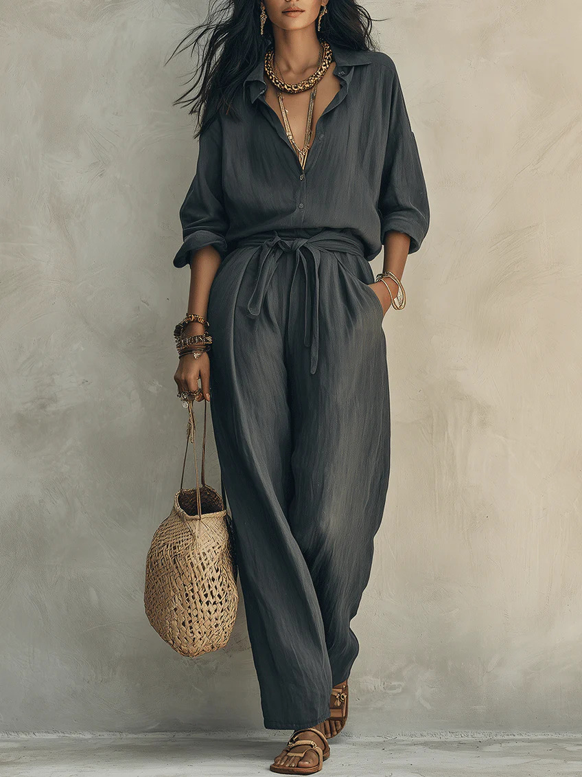 Textured Crinkle Wide-Leg Shirt and Pants Set with Tie