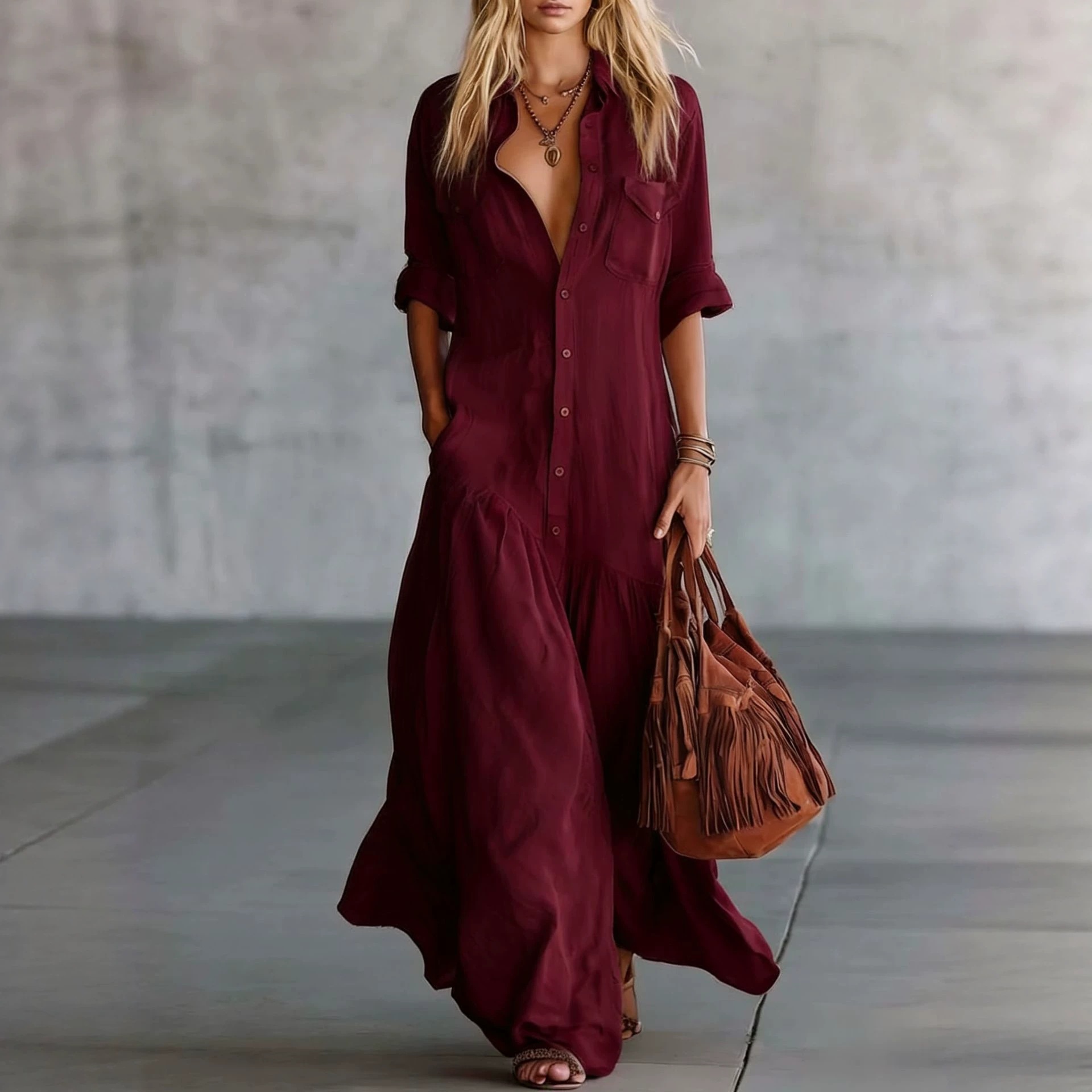 Long Button-Front Shirt Collar Dress with Patch Pockets