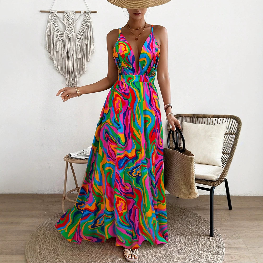 Tie-Dye Rainbow Print Halter Maxi Dress Backless