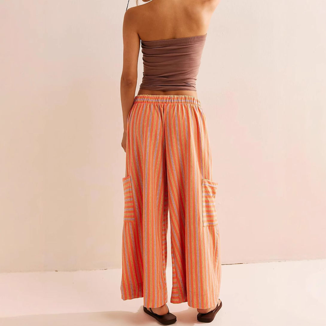Striped Straight-Leg Drawstring Wide-Leg Beach Pants for Women