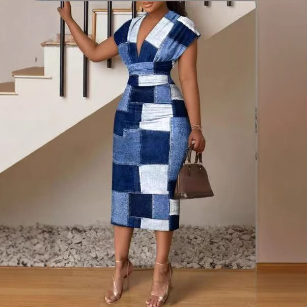 Floral Print V-Neck High-Waist Bodycon Midi Dress
