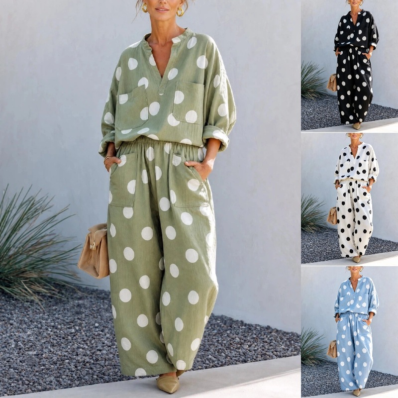 Women's V-Neck Long Sleeve Top and Wide-Leg Pants Two-Piece Set