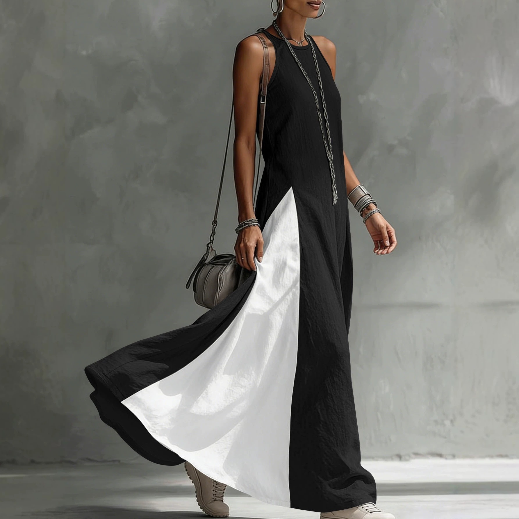 Color-Block Sleeveless Off-Shoulder A-Line Maxi Dress with Pockets