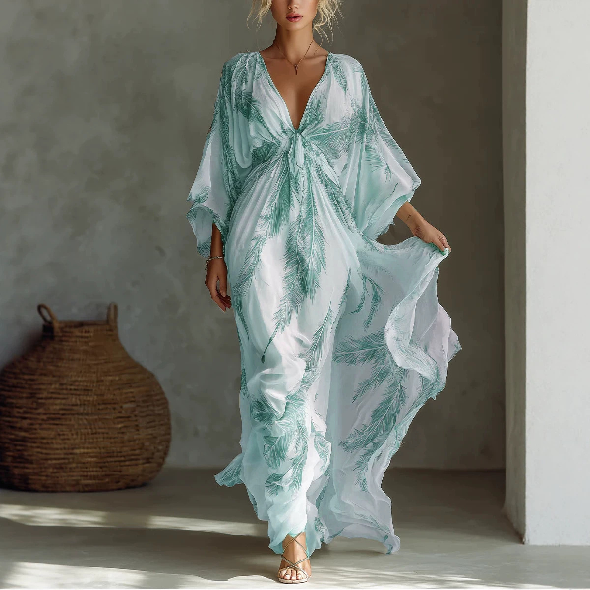 V-Neck 3/4 Sleeve Floral Print Midi Dress with Waist