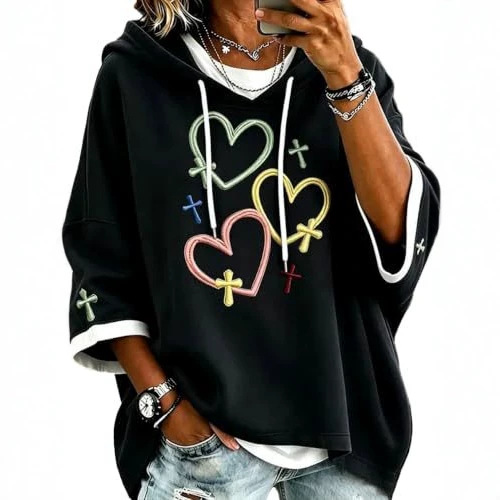 Women's Heart Cross Print Casual Hoodie