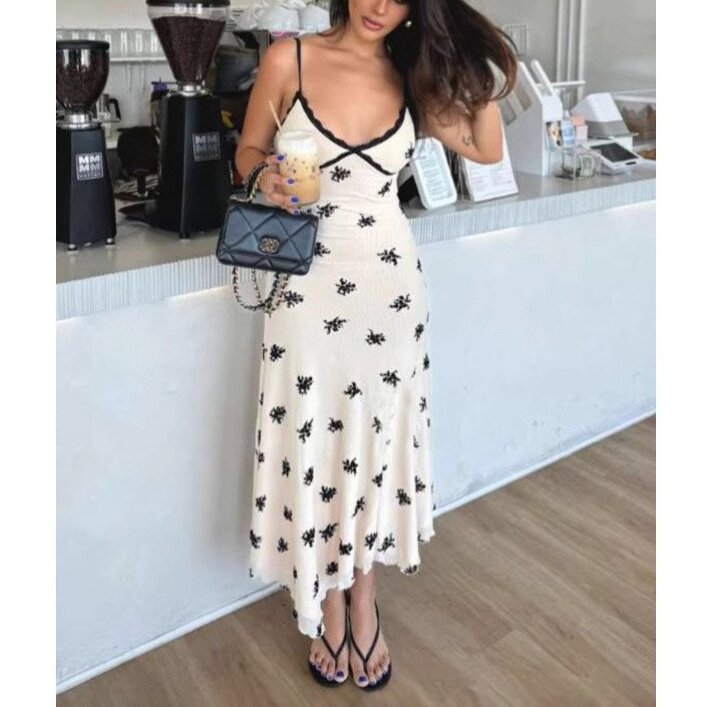 Women's V-Neck Open-Back Cami Dress Slim Fit Floral Print