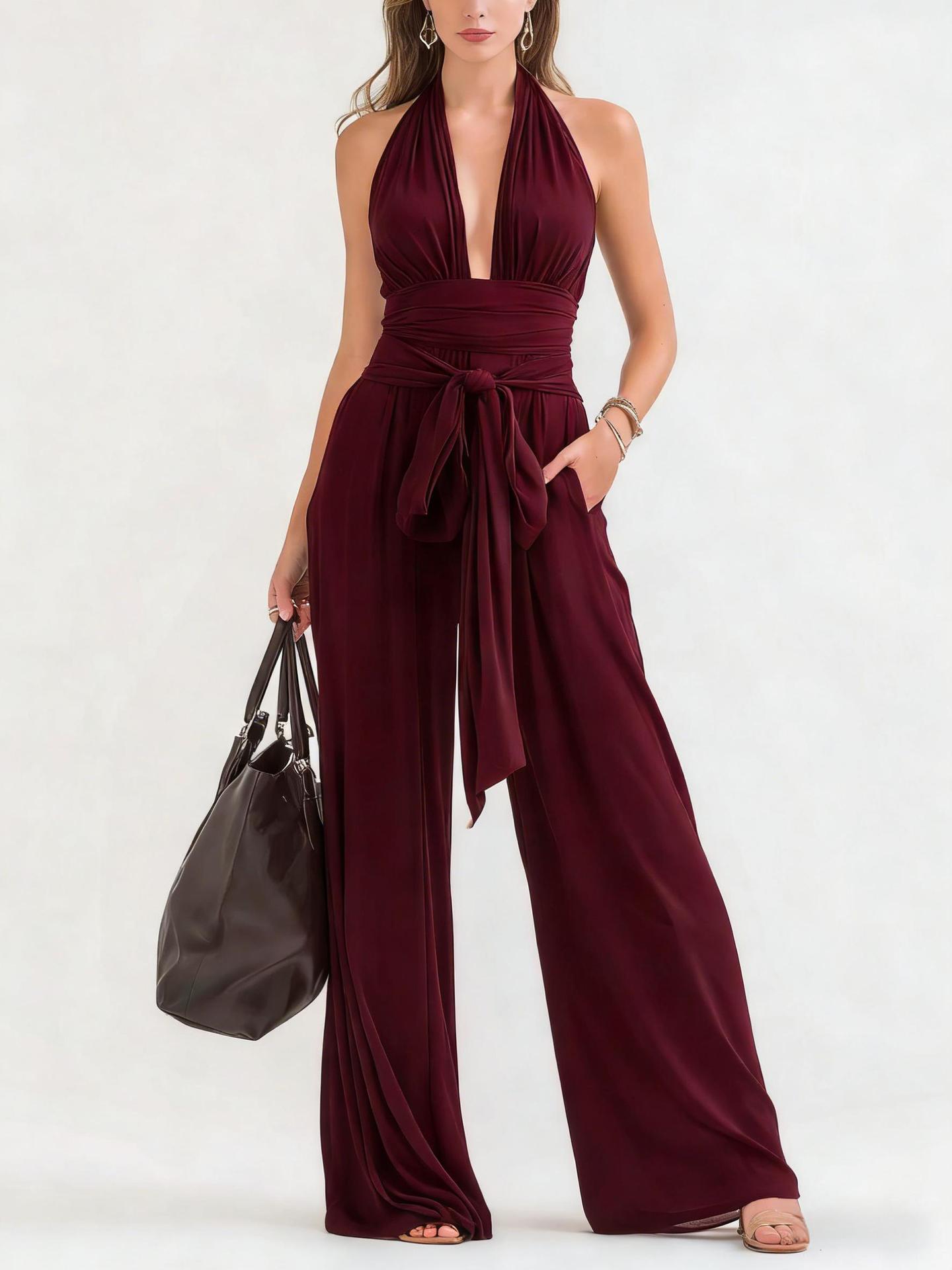 Elegant Halter V-Neck Long Sleeveless Jumpsuit Solid Color