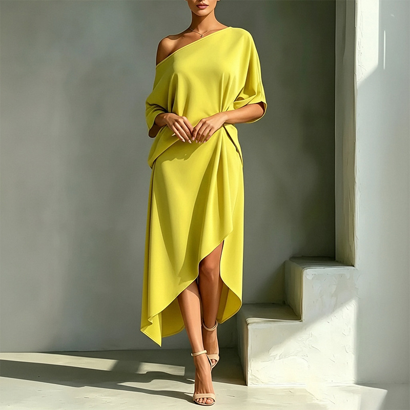 Women's Summer Long Dress French Minimalist Solid Color Elegant One-Shoulder