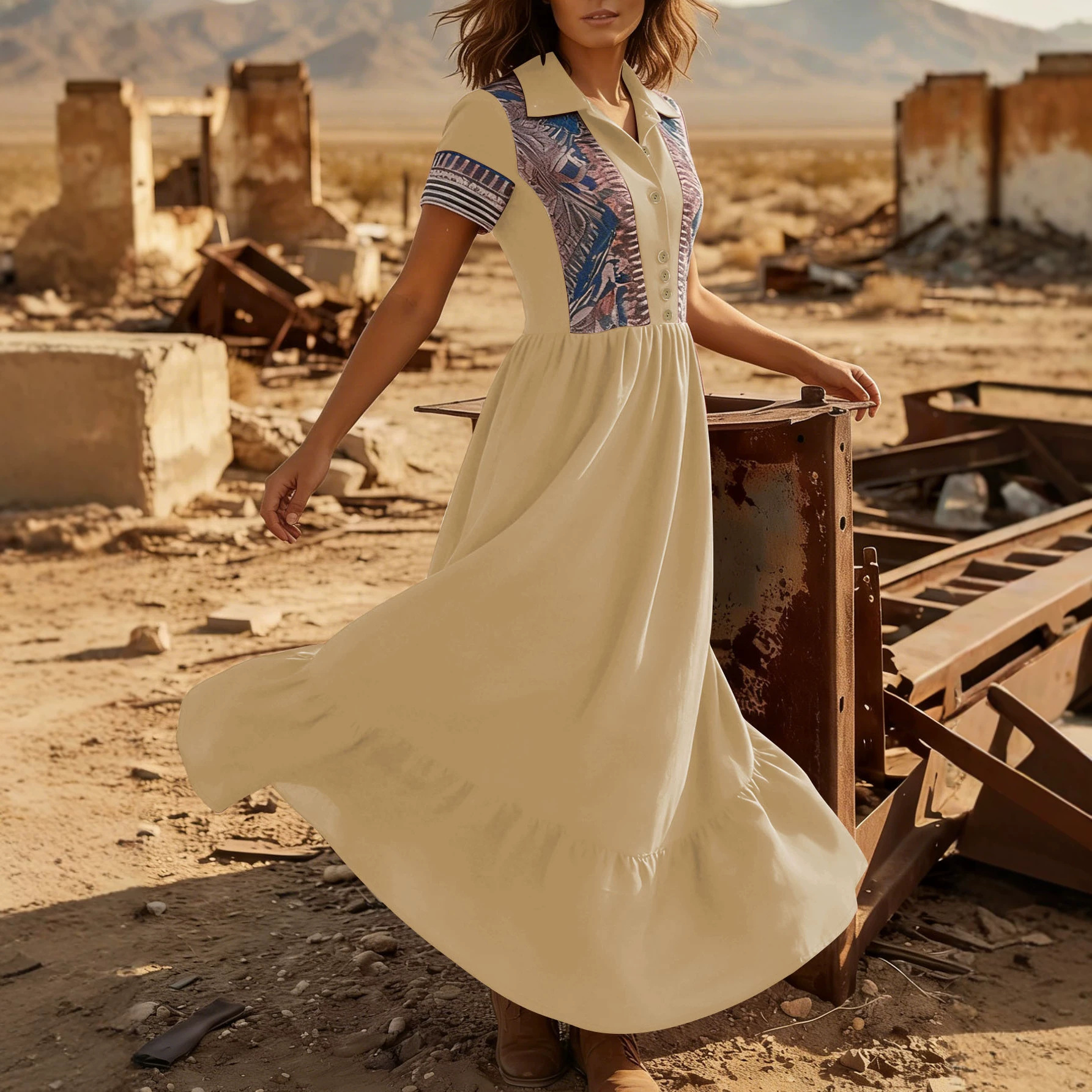 Aztec Print Collared Short Sleeve A-Line Maxi Dress