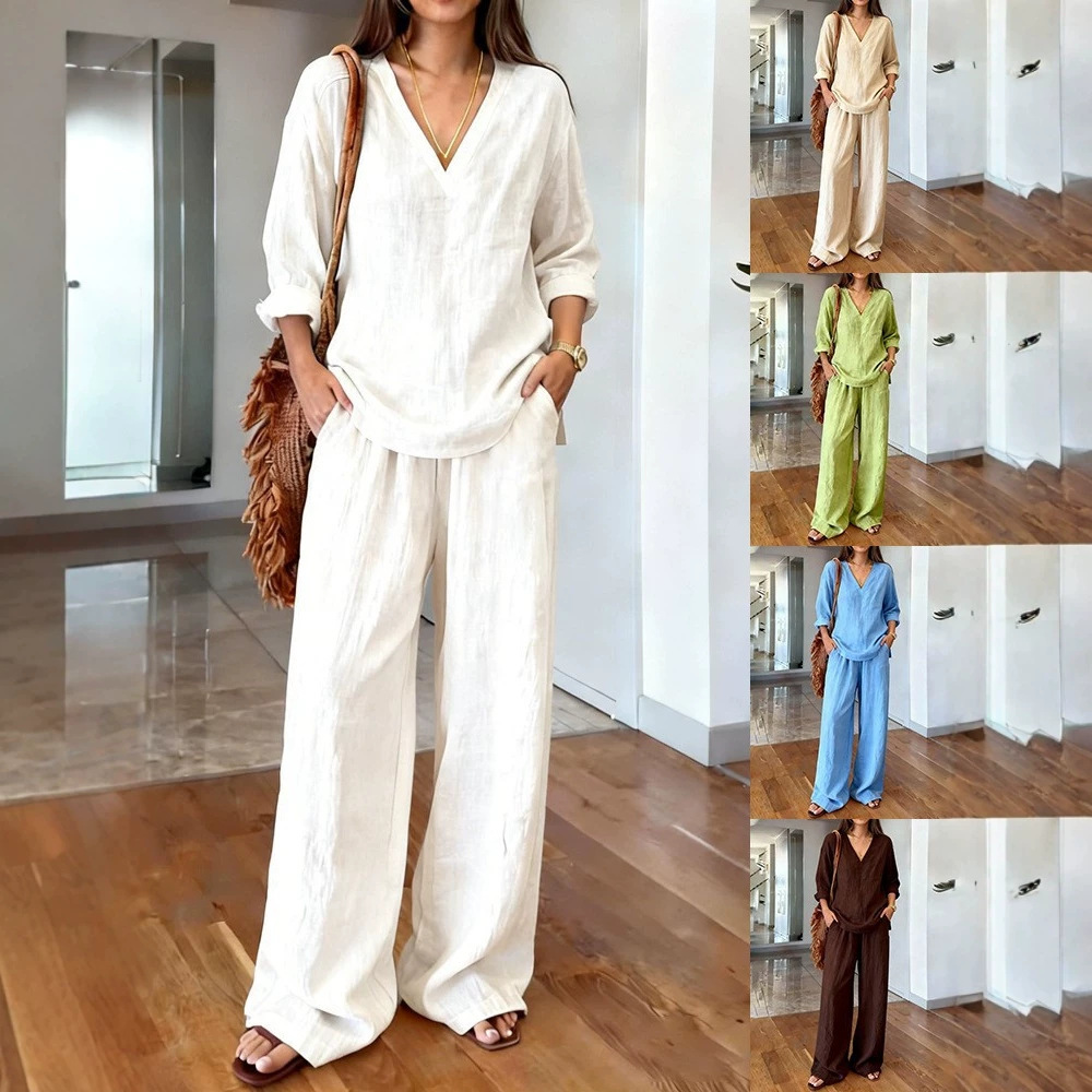 Women's V-Neck Long Sleeve Top and Pants Set Washed Cotton Multi-Color