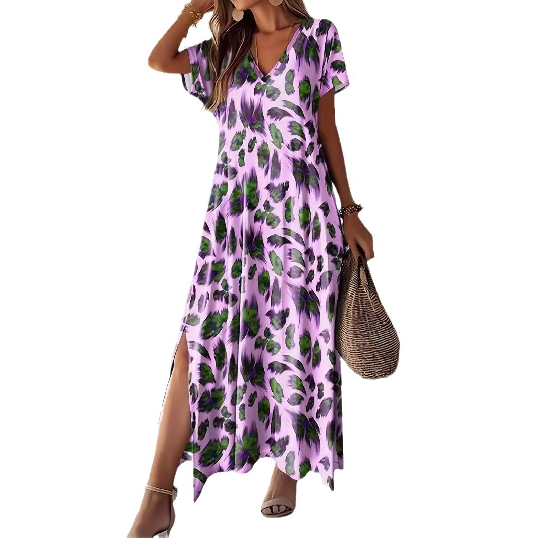 V-Neck Short Sleeve High Waist Floral Print Midi Dress