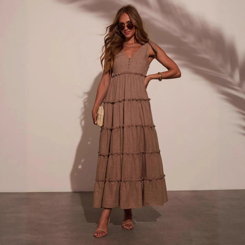 V-Neck Button Ruffle Midi Dress