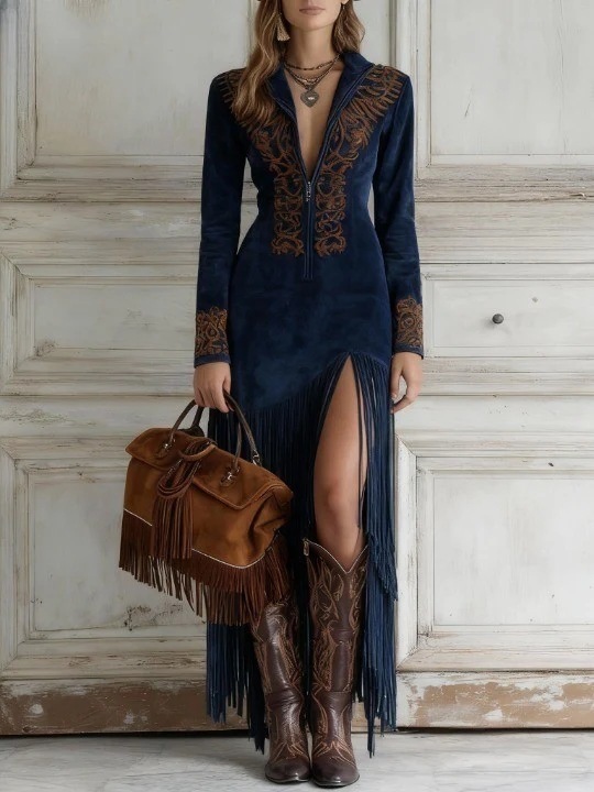 Women's Vintage Fringe Floral Zip Long Dress