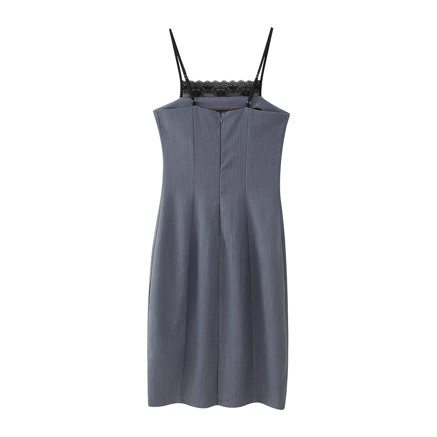 Women's Lace Detail Pinstripe Dress V-Neck Short Sleeve A-Line Midi Gray
