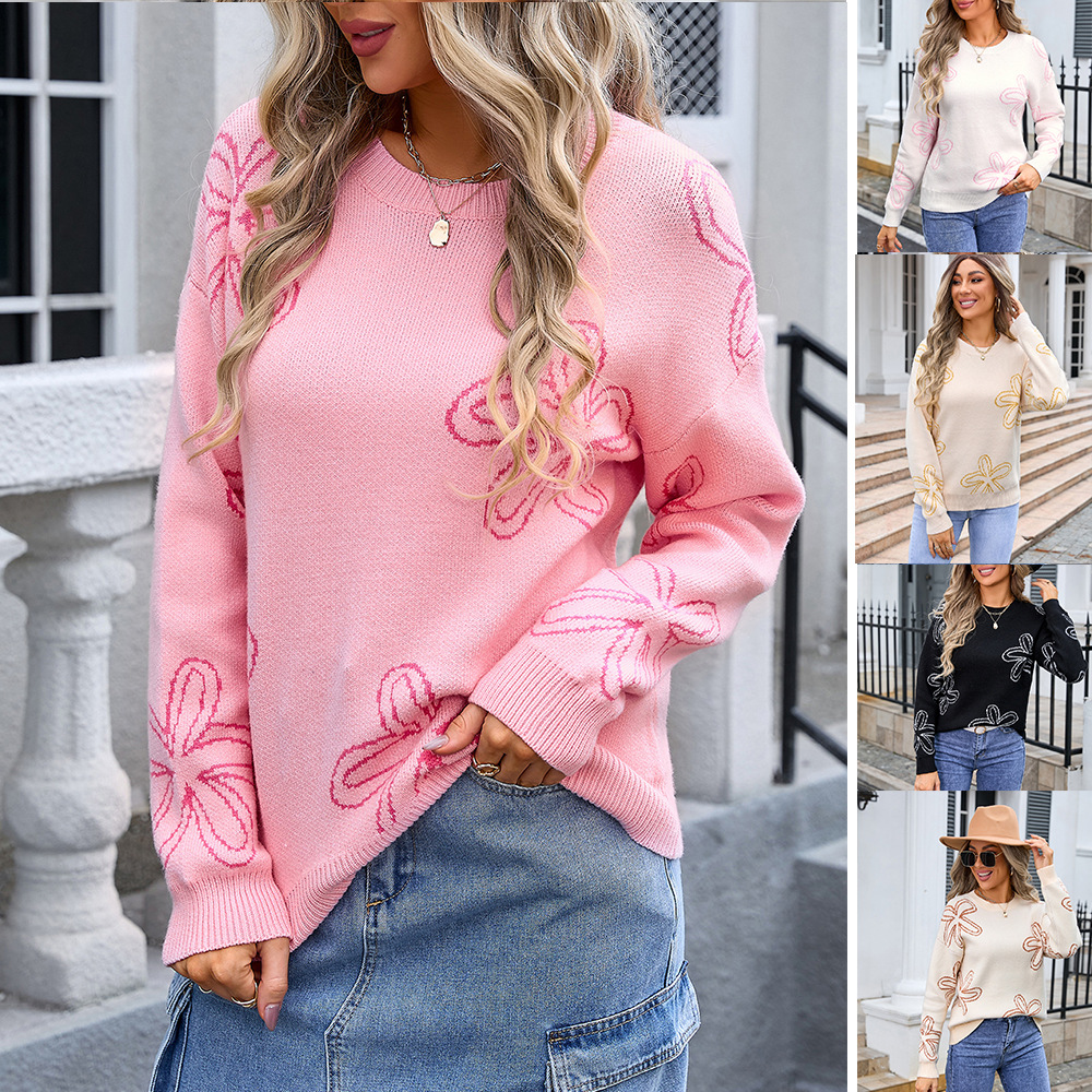 Floral Long-Sleeve Crewneck Knit Sweater