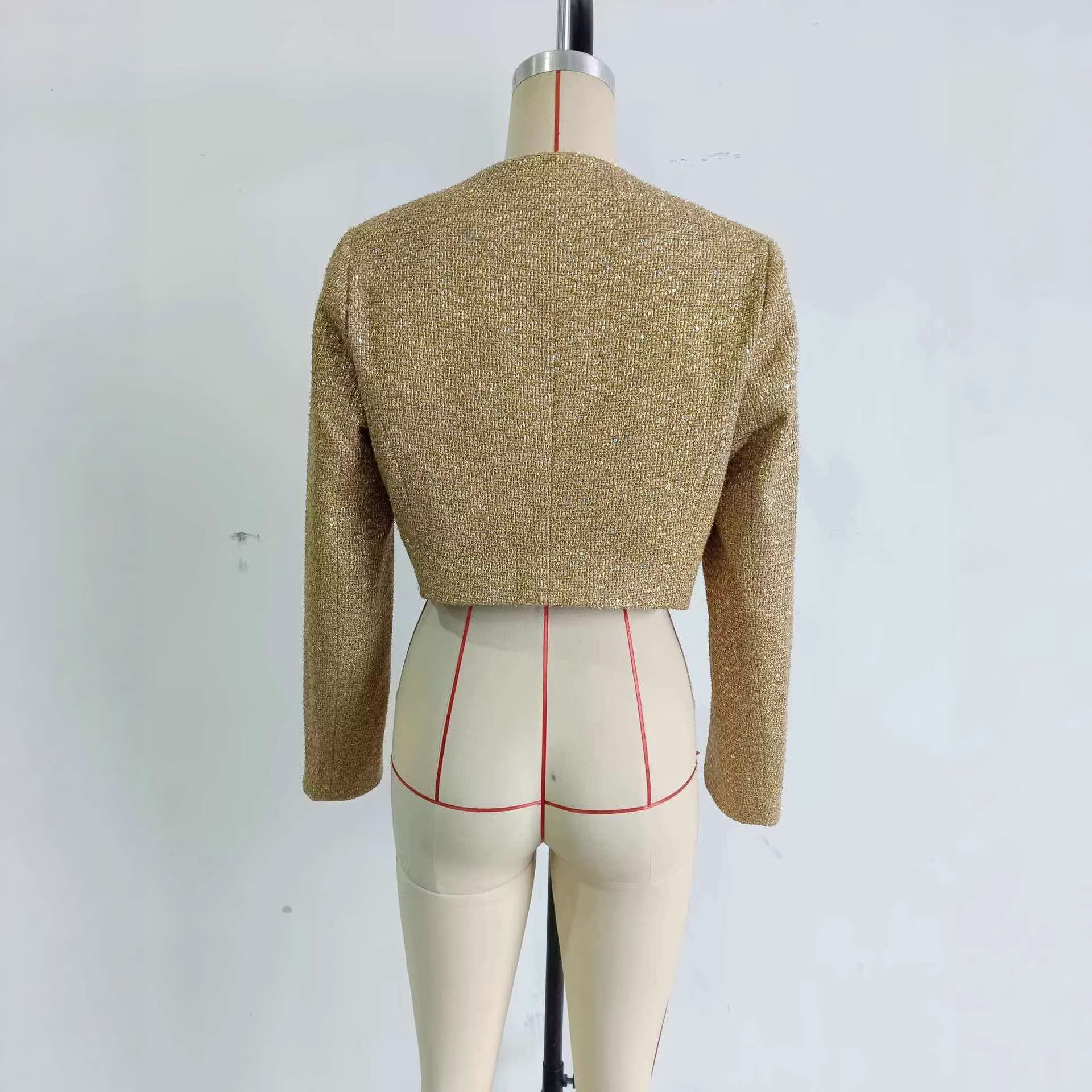 Gold Cropped Tweed Jacket, Elegant Versatile Women's Outerwear