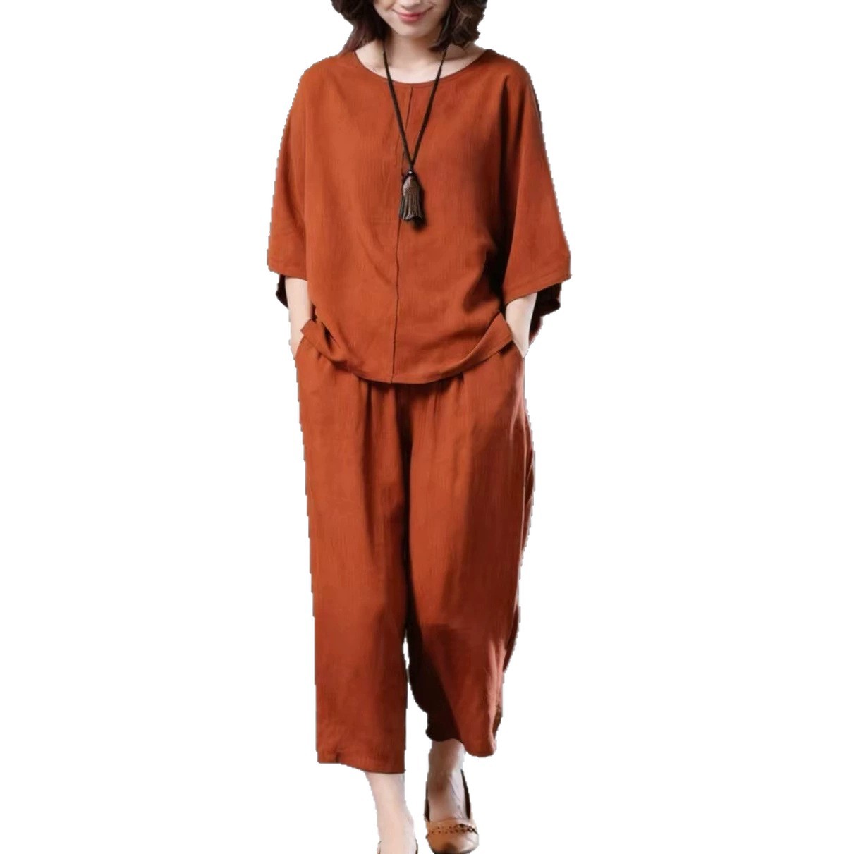 Women's Solid Color Short Sleeve Tee and Wide Leg Pants Set Plus Size
