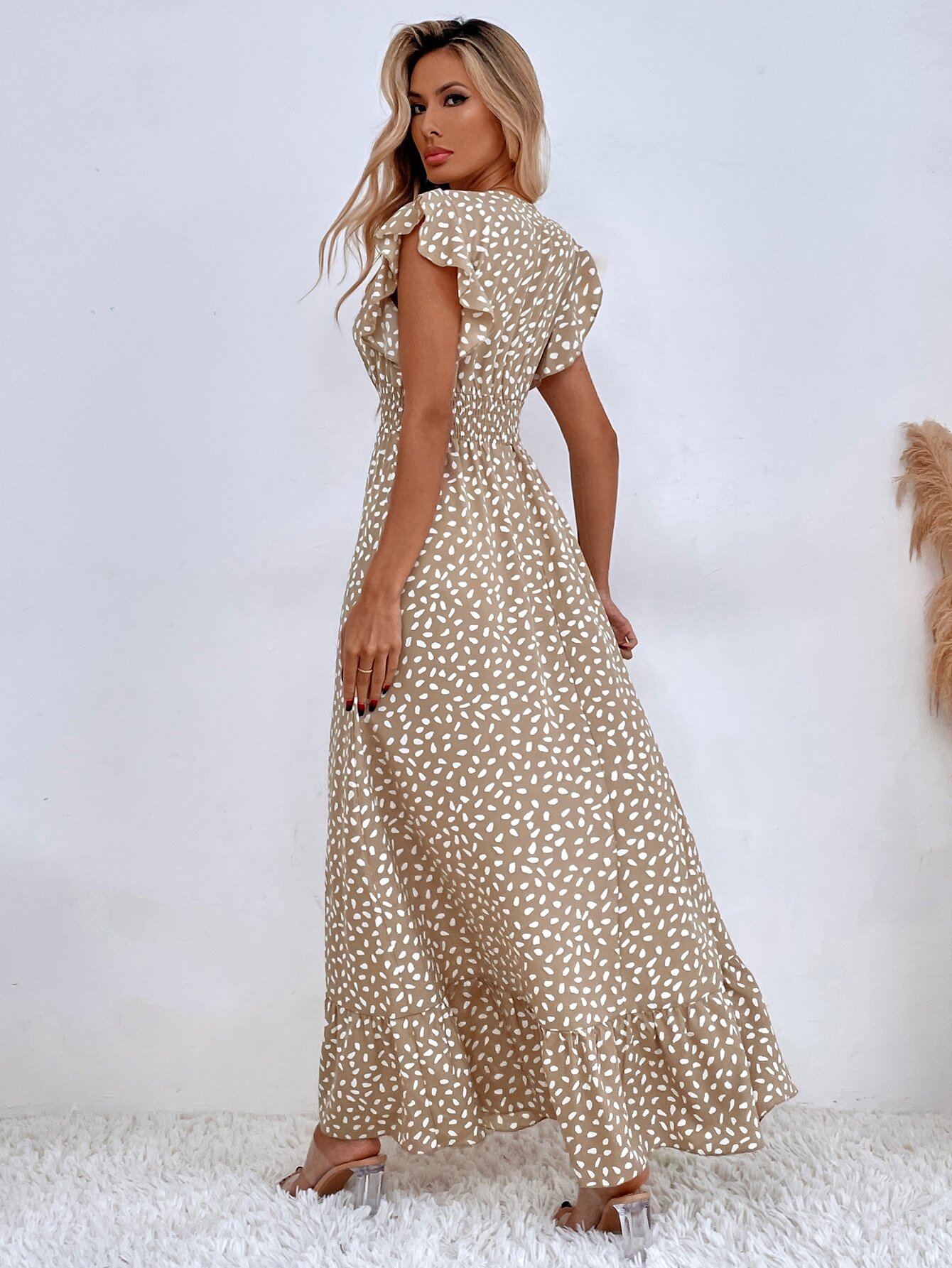 V-Neck Waist-Cinching Ruffled Midi Dress
