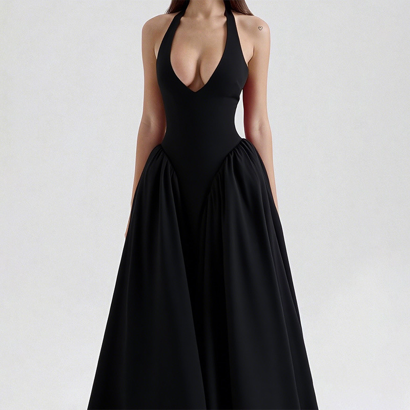 Women's Halter V-Neck Pleated A-Line Midi Dress
