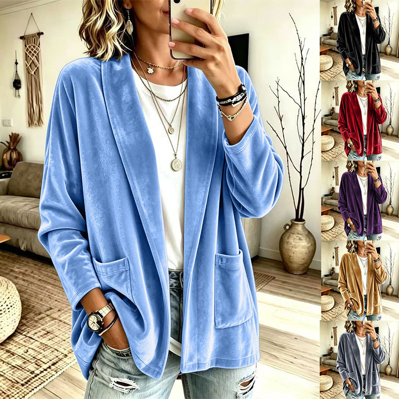 Women's Velvet Long Sleeve Open Front Cardigan Jacket