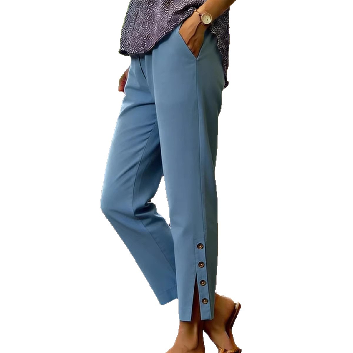 Women's Cotton-Linen Straight-Leg Cropped Pants with Side Buttons