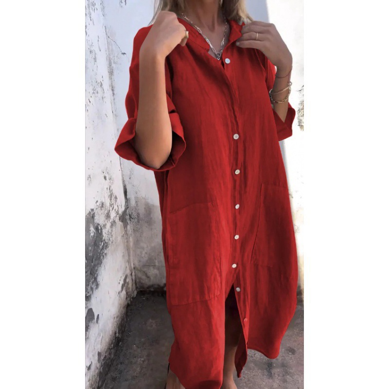Women's Loose Linen-Look Midi Shirt Dress with Pockets