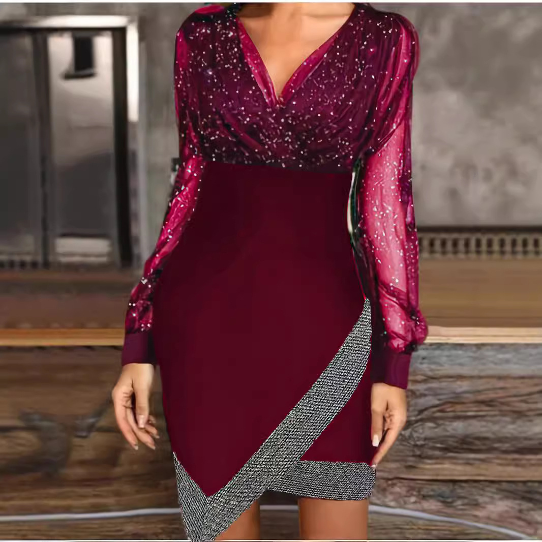 Mesh Sequin V-Neck Long Sleeve Bodycon Dress