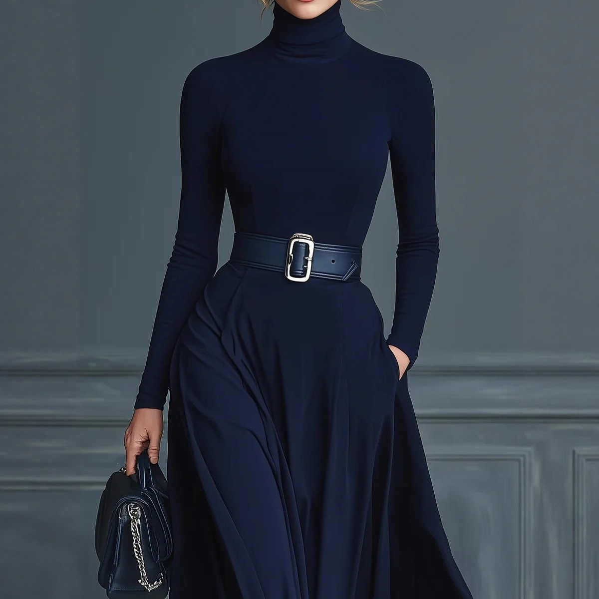 Women's Long Sleeve Solid High Neck High Waist Long Dress