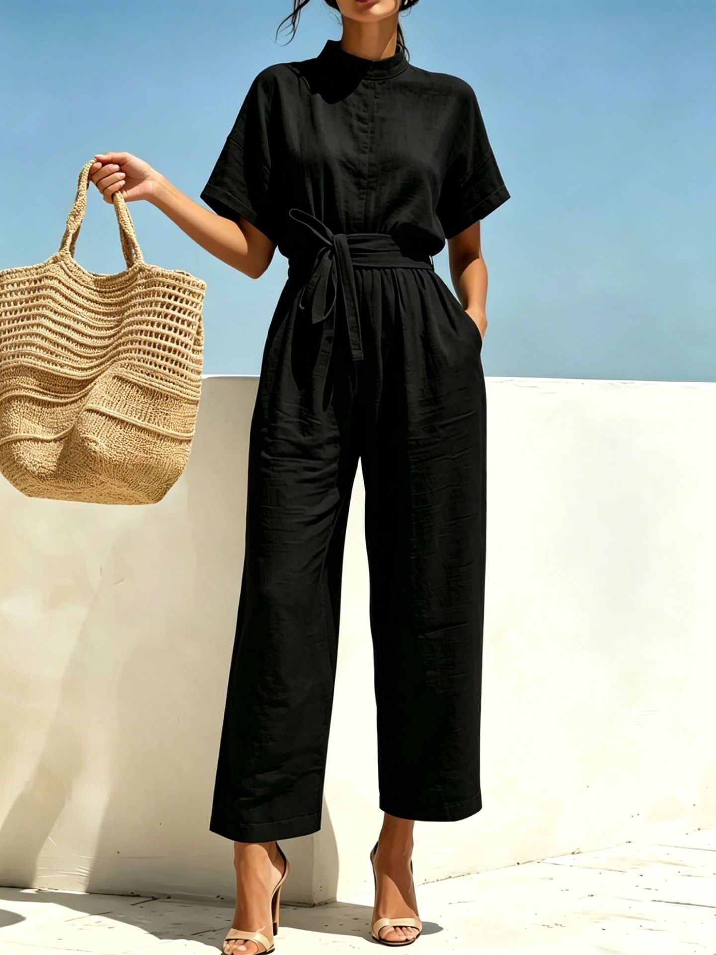 Women's Half-Turtleneck Wide-Leg Jumpsuit Solid Color