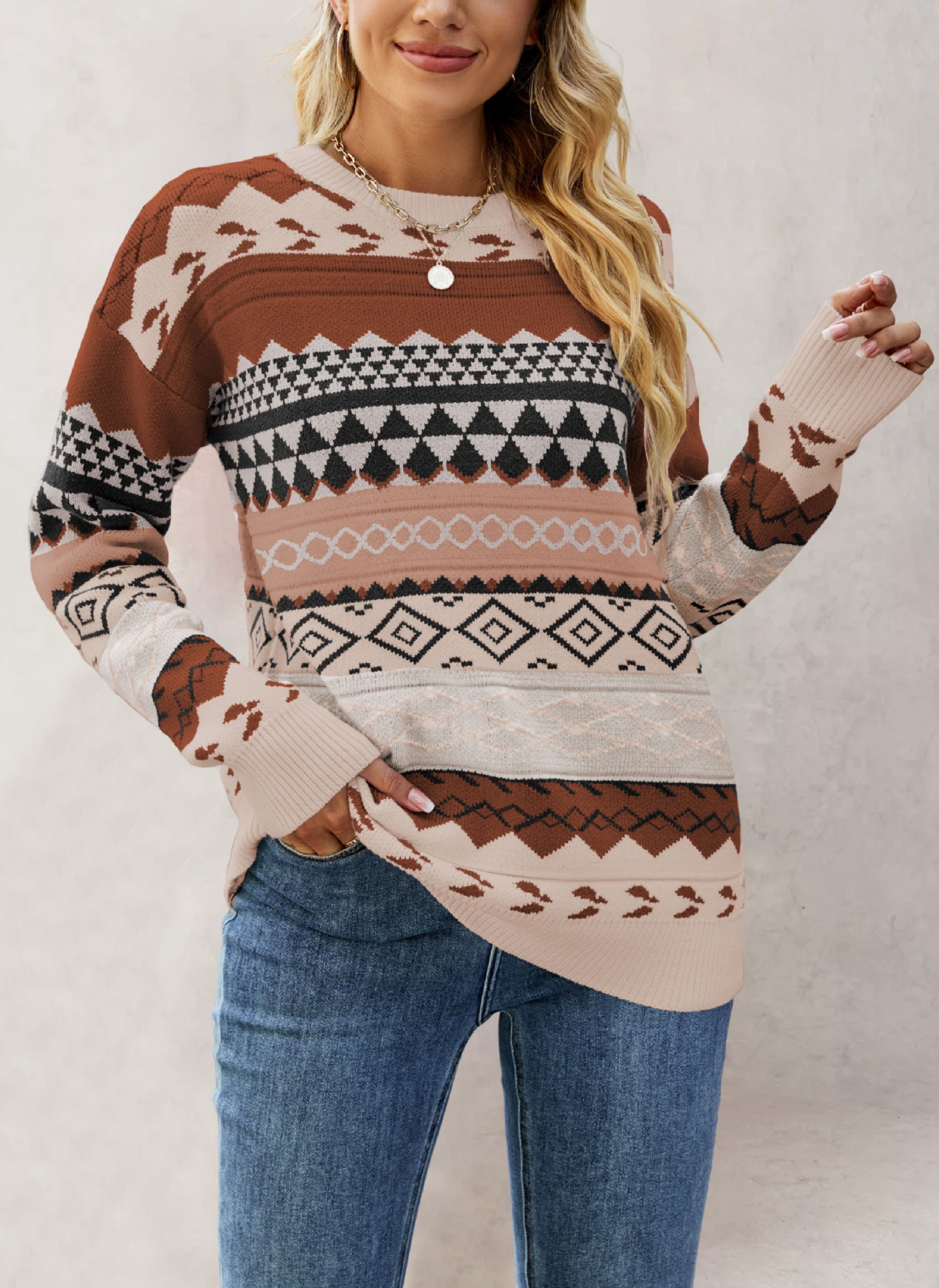 Women's Argyle Jacquard Color-Block Knit Pullover Sweater