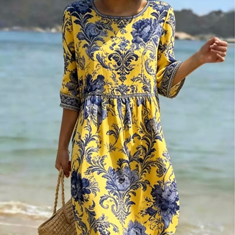 Women's Elegant Floral Print Pleated Midi Dress