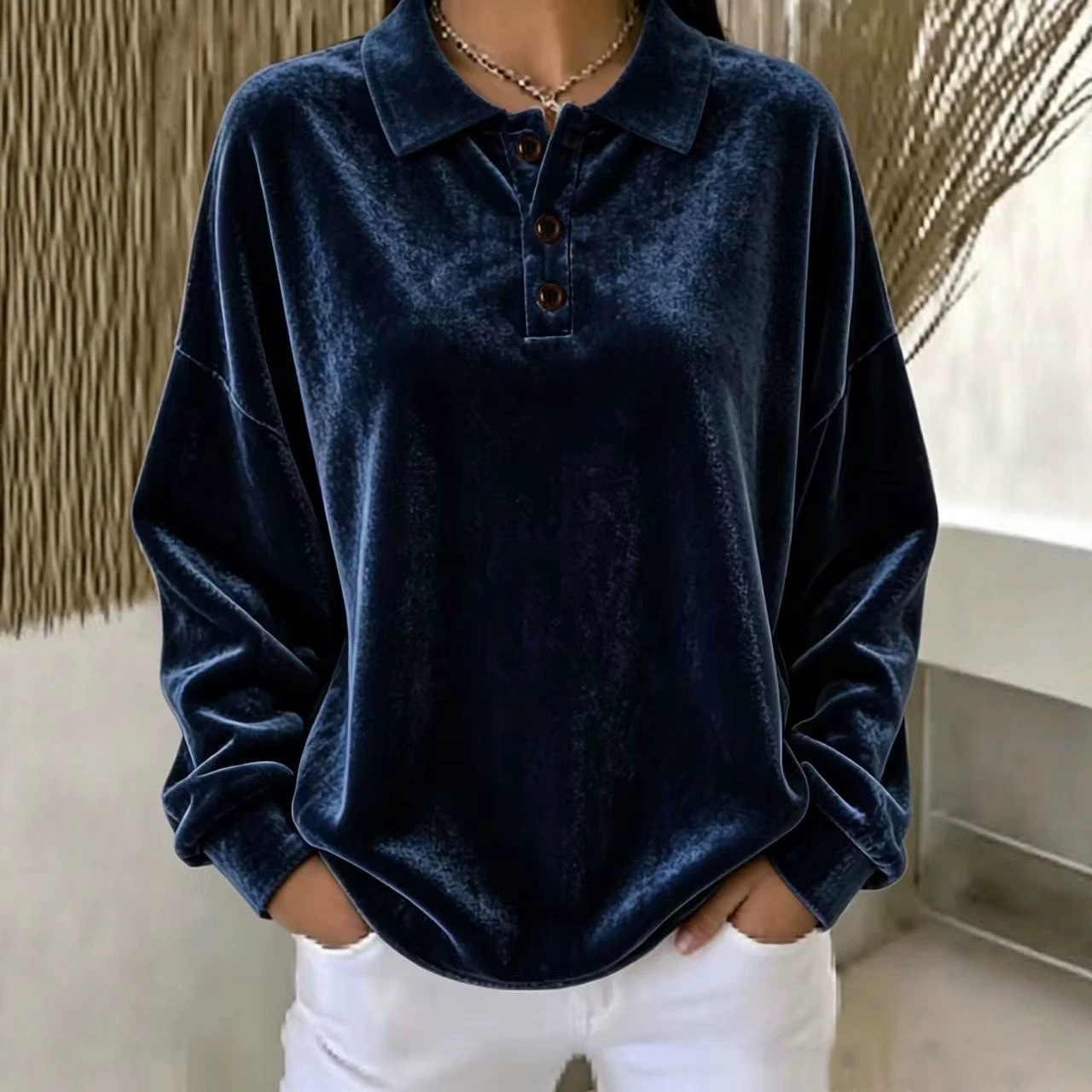 Women's Loose Velvet Button-Up Long-Sleeve Sweatshirt