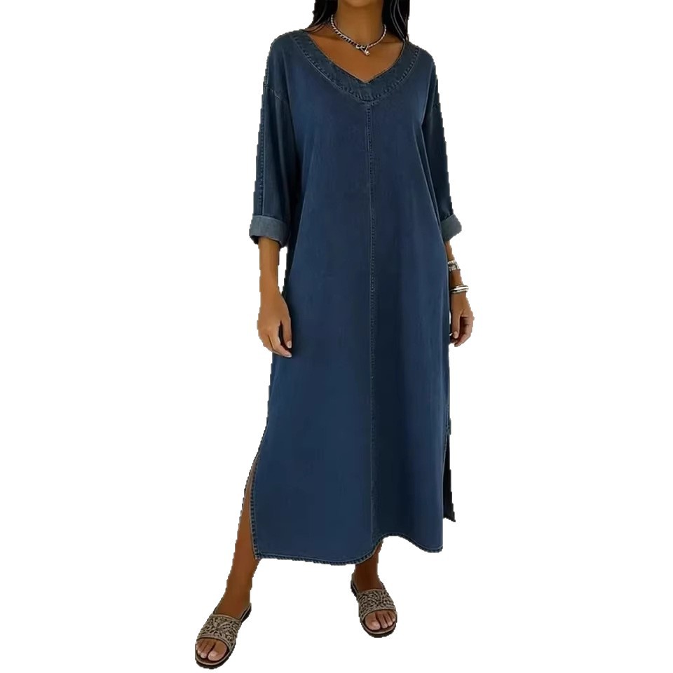 Solid V-Neck Midi Faux Denim Dress with Slit