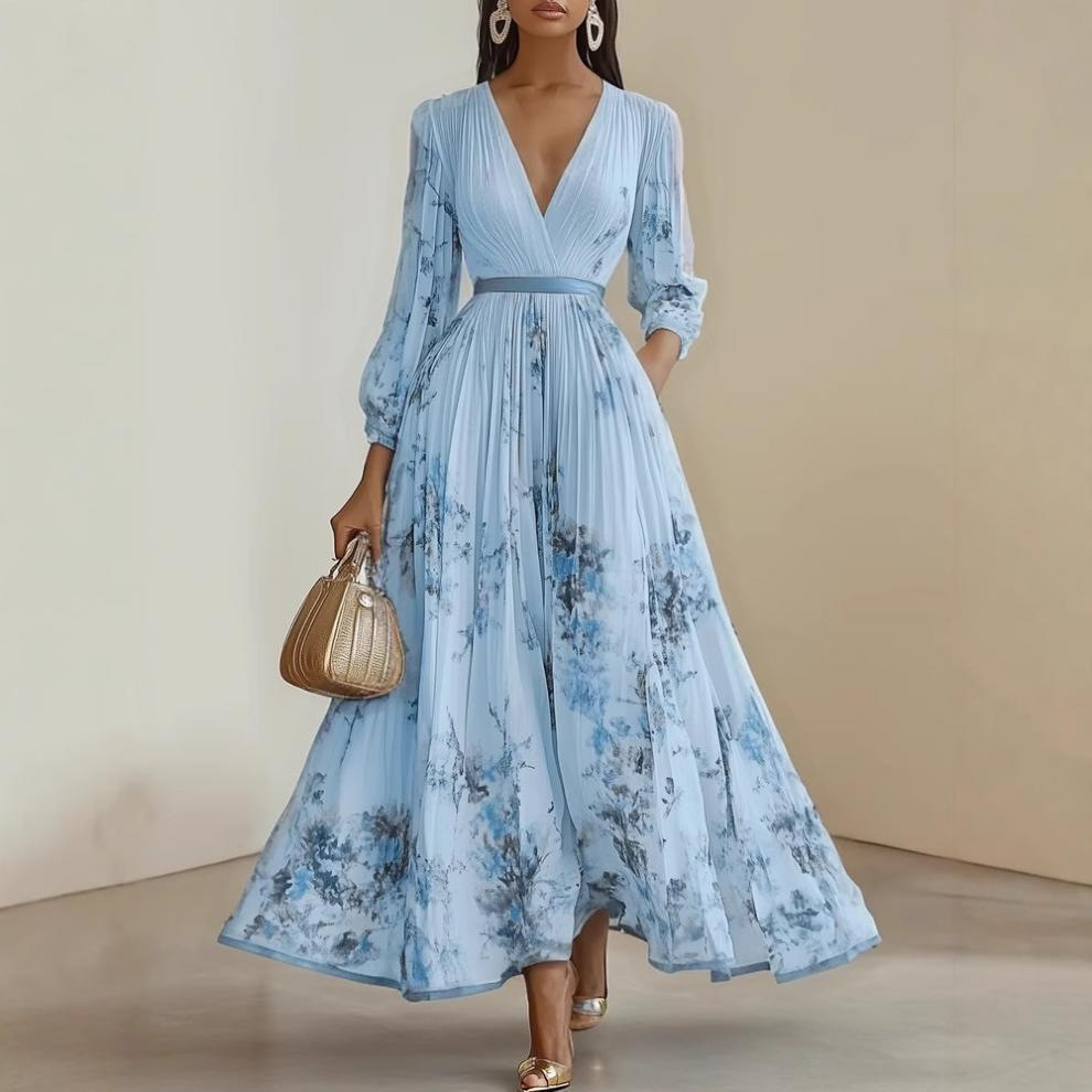 Elegant Floral Print V-Neck Waist-Cinching French Dress