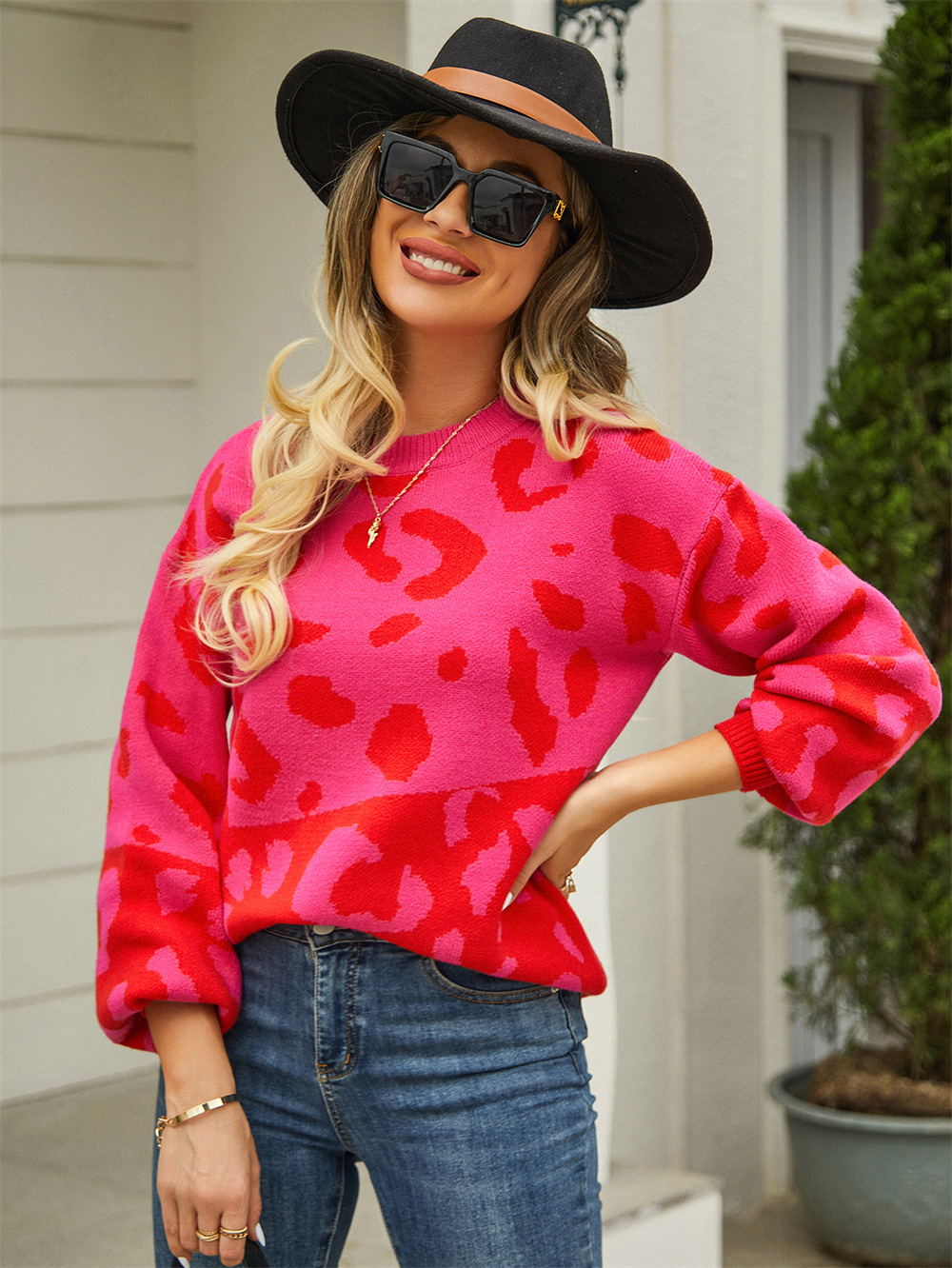 Leopard Print Color Block Crewneck Pullover Sweater