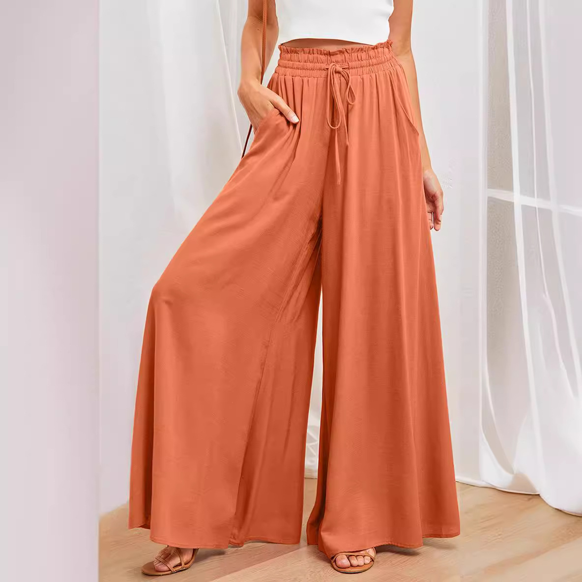 High-Waist Drawstring Flare Pants Solid Color Loose Wide-Leg