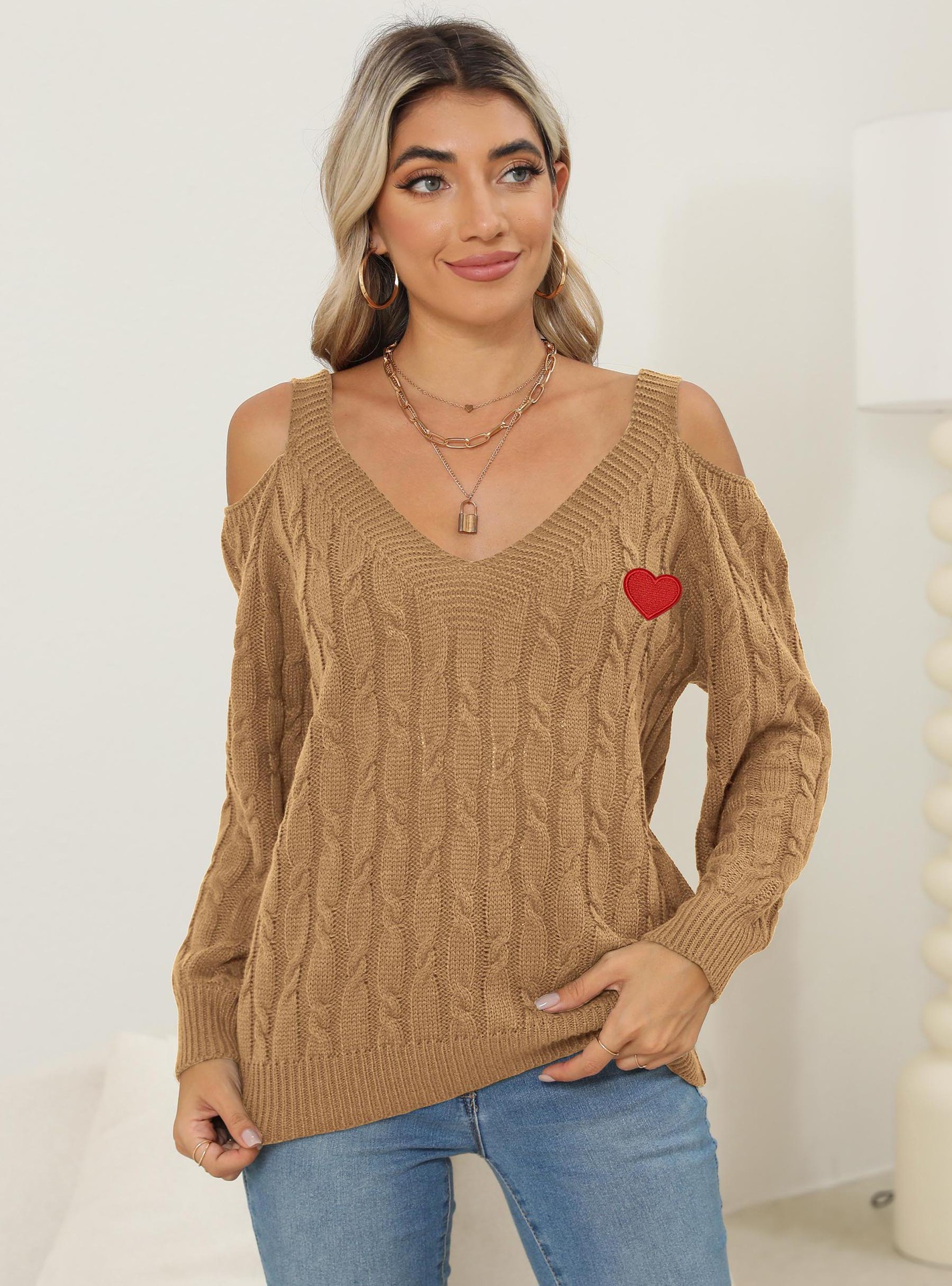 Women's Deep V Off-Shoulder Loose Knit Sweater