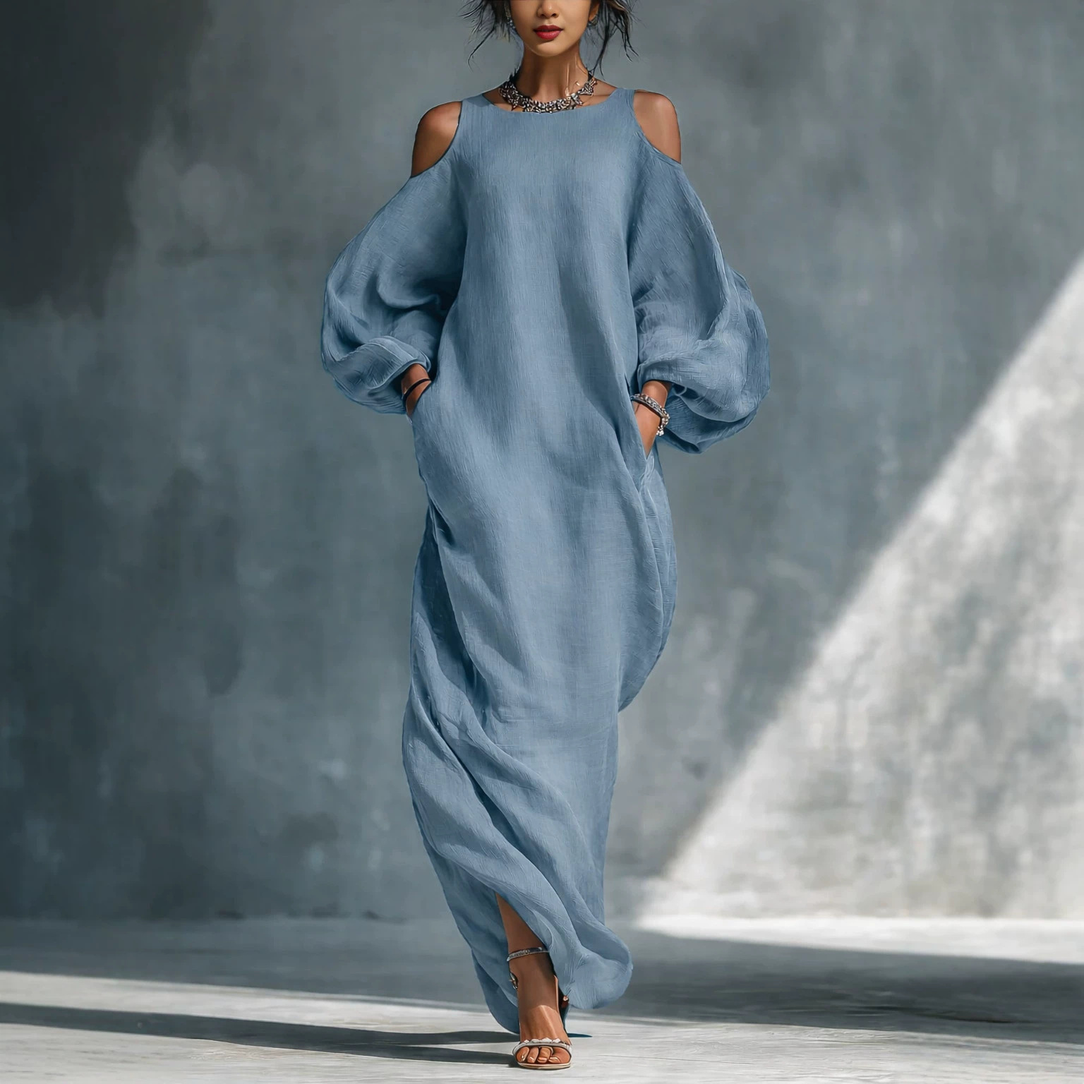 Women's Long Sleeve Off-Shoulder Midi Dress A-Line Pullover