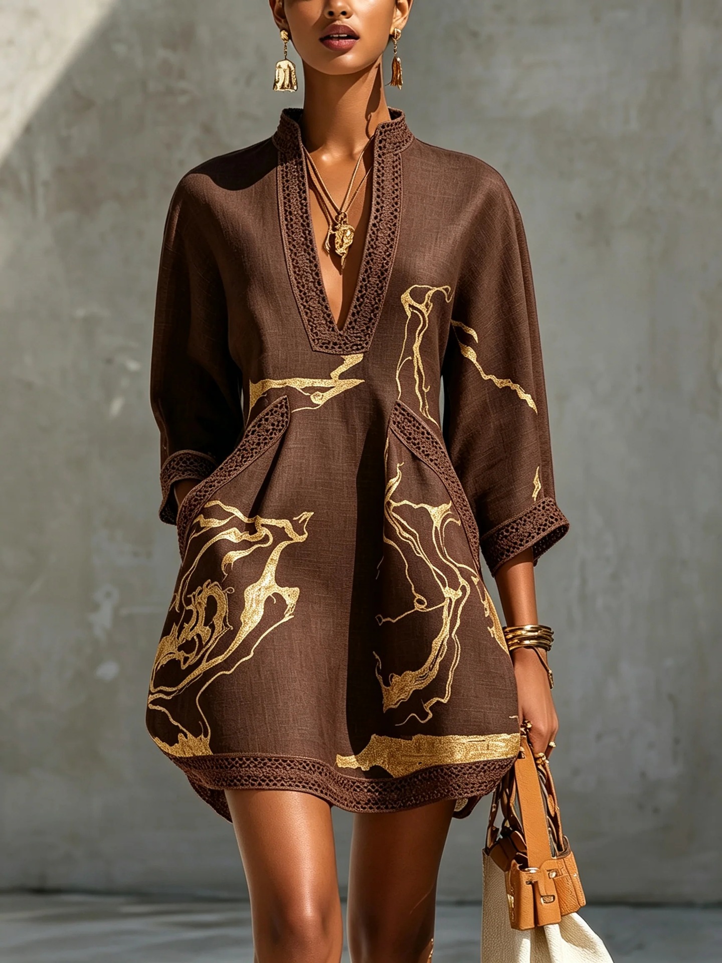 Navy Abstract Print V-Neck Lace-Trimmed Loose Short Dress