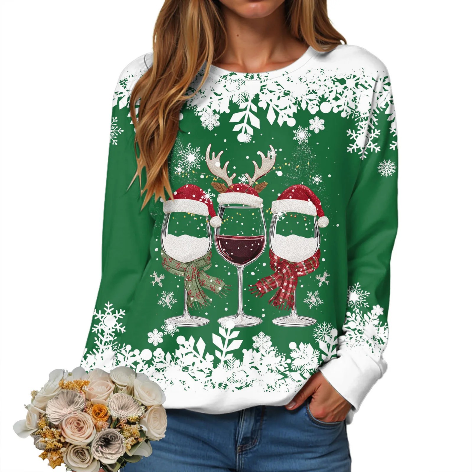 Women's Christmas Hat Wine Glass Snowflake Print Crewneck Sweatshirt