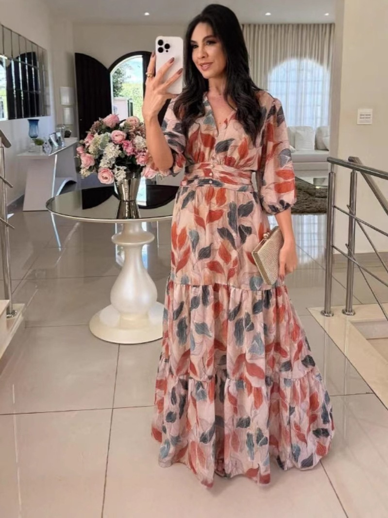 Women's V-Neck Floral Print Long Dress with Lantern Sleeves