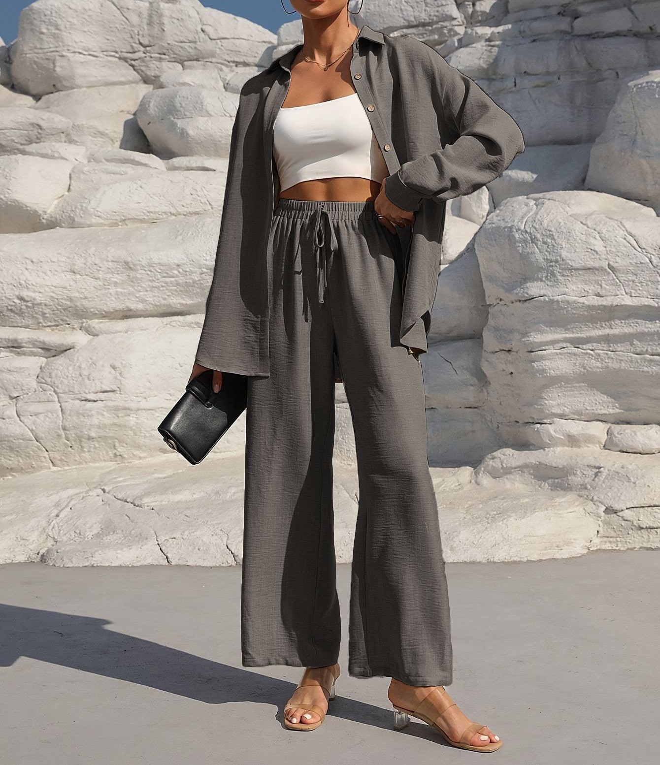 Women's Plus Size Long Sleeve Cardigan & Pants Two-Piece Set Solid Color Casual