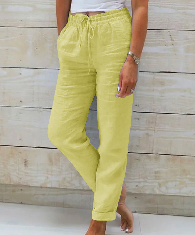 Women's Cotton-Linen Wide-Leg Pants Elastic Waist Solid Color Loose Fit