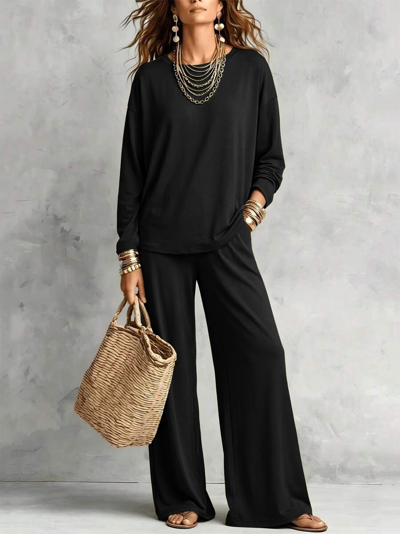 Women's Solid Color Two-Piece Set Long Sleeve Top & Wide-Leg Pants