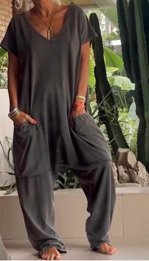 Solid V-Neck Jumpsuit with Oversized Pockets and Low Crotch